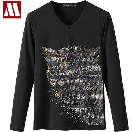 Hot Drill Leopard T Shirts For Men Top Quality Comfortable Mans Twinkling Diamond Stone Tshirt Casual Slim Fit Plus Size T-shirt
