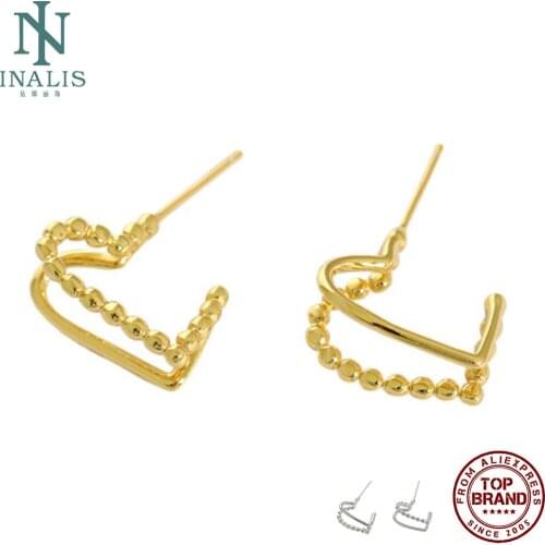 INALIS S925 Sterling Silver Stud Earring For Women Korean Double Deck Heart Earring Two Color Simple Temperament Fine Jewelry