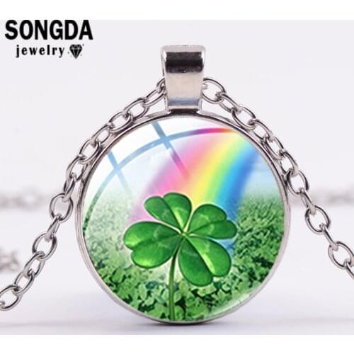 SONGDA Four Leaf Clover Art Patterns Necklace Clover Flowers Photo Glass Round Metal Pendant Lucky Jewelry Gift for Men or Women