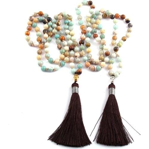 MOODPC Fashion Bohemian Tribal Long Tassel Yoga Jewelry Amazonite Stone Buddha Necklace For Women Lariat Necklaces