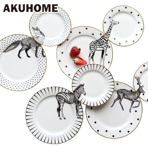 2 Pcs 6&8 Inch Animal Combined Plates Set Ceramic Plates Fox Elk Giraffe Zebra Pattern Plates Steak Breakfast Cake Fruits Dish