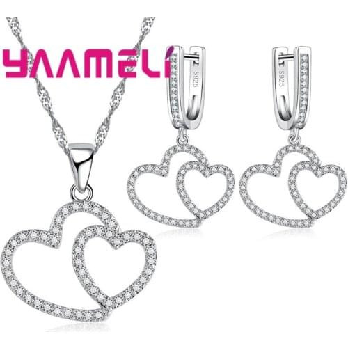 Romantic Heart to Heart Pattern Crystal Jewelry Sets 925 Sterling Silver Necklace Drop Earring for Women Valentine' Day