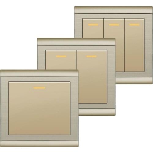 1/2/3 Gang 1 2 Way Champagne Gold Wall Switch Electrical Push Button PC Frame Panel Lamp Switch Home Wall Switch 10A AC 220-250V