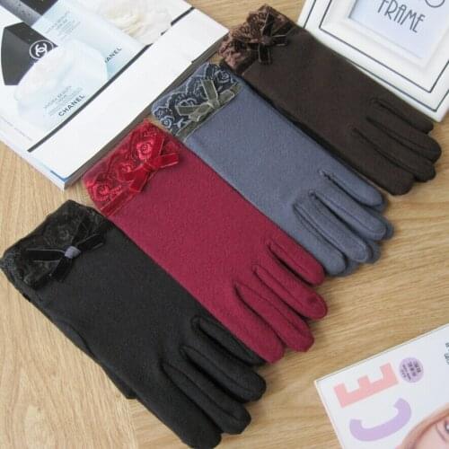 Autumn and winter womens thermal elastic lace bow gloves solid color warm driving gloves