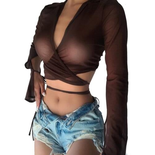 IMCUTE Y2K autumn solid color sexy mesh see-through T-shirt women V-neck long-sleeved lace up belly button slim cardigan Shirt
