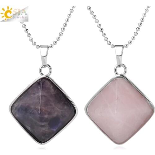 CSJA Natural Stones Pyramid Pendants Square Reiki Purple Crystal Pink Quartz Necklaces for Women Men Trendy Healing Jewelry G298
