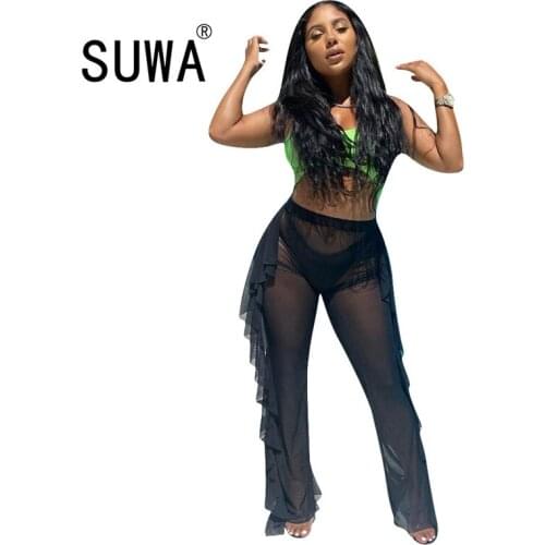 See Through Flared Mesh Summer Beach Long Pants 2020 New Women High Waist Pants Trousers Sexy Evening Party Club Outfits