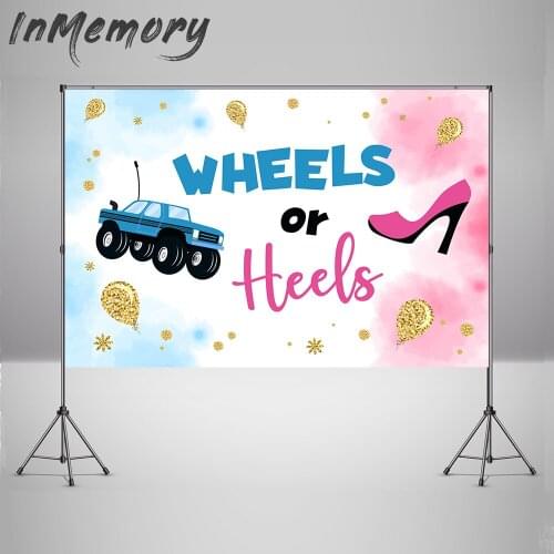 Pink and Blue Photo Background Wheels or Heels Baby Shower Party Photocall Gender Reveal Backdrop for Photo Studio Vinyl