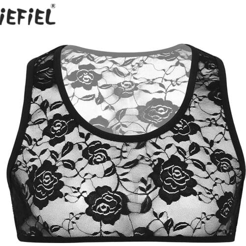 Sexy Mens Lingerie Sheer Crossdressing Sissy Crop Top Exotic Tanks Clubwear Sleeveless Stretchy Floral Lace Short Vest Nightwear