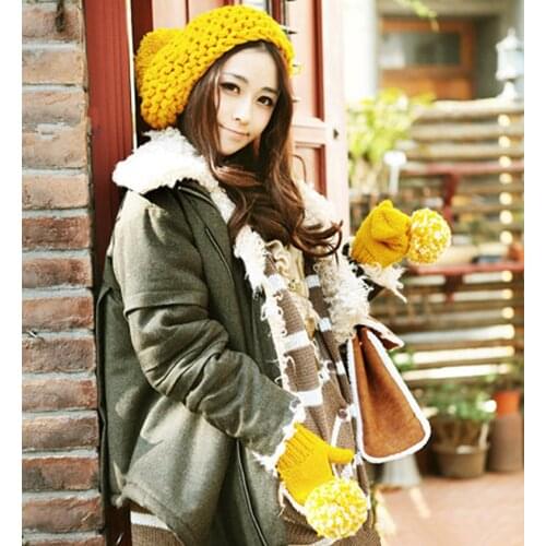 Beanie & Gloves Suit Lovely Women Girl Winter Warm Knit Handmade Hat Caps