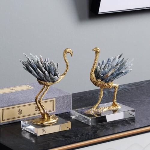 Modern Creativity Metal Simulation Animal Bird Crane Chinese Style Copper Golden Crystal Handmade Crafts Modern Home Decoration