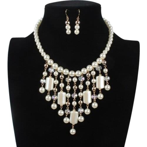 Jewelry Sets Artificial Crystal Imitation Pearls Tassel Pendants Choker Pearl Necklaces Drop Earrings Sets Jewelry on The Neck