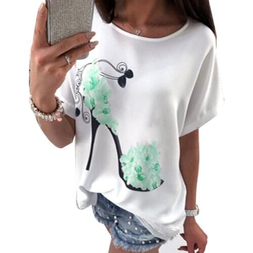 Fashion Summer T-shirt Women Flower High Heel Print Tee Top Short Sleeve O-Neck Women T-shirt
