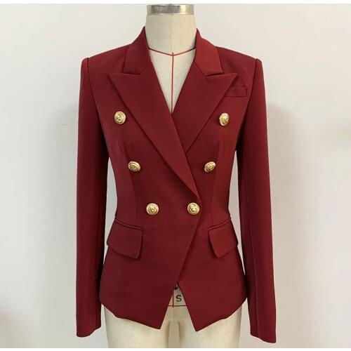 HIGH QUALITY 2020 Newest Designer Blazer Womens Classic Lion Buttons Double Breasted Slim Fitting Blazer Jacket Burgundy