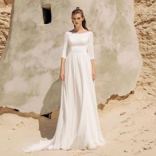 Modest Beach Chiffon Scoop Neck Thress Quarter Sleeve Wedding Dress 2021 Sweep Train Backless White Ivory Bridal Gowns