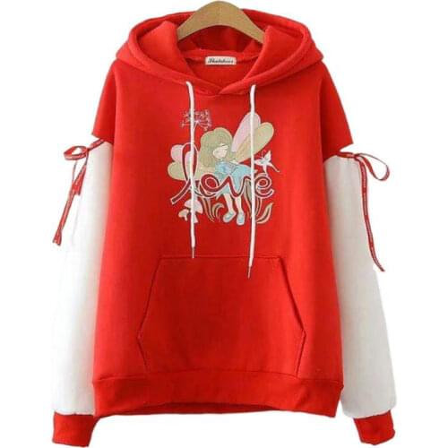 Winter Korean Style Student Fleece Thick Sweatshirts Patchwork Sleeves Hooded Cartoon Print Hooded Warm Hoodies Girl 2011376