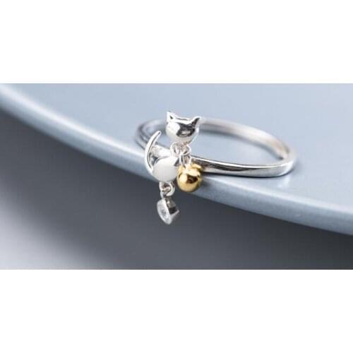 1PC 100% Authentic REAL.925 Sterling Silver Fine Jewelry Kitten Cat &Jinjle Bell Ring GTLJ1480