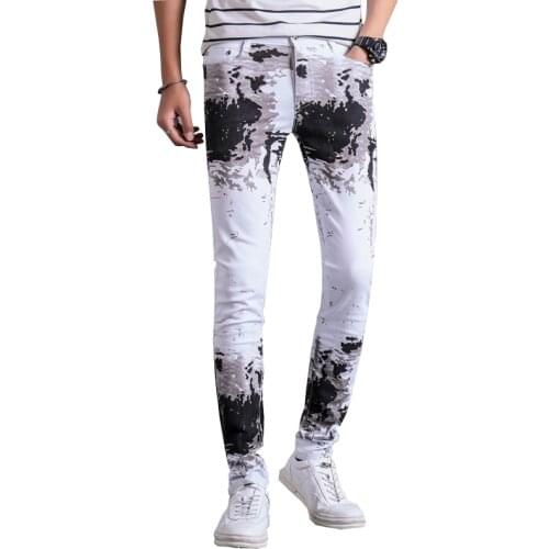 2019 new arrivals fashion printed cotton white men jeans pants slim fit casual denim trousers 28-36 AYG290