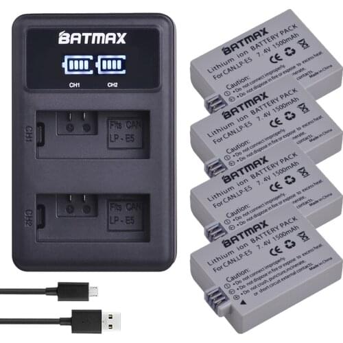 4Pcs 1500mAh LP-E5 LP E5 Battery Bateria + LED USB Dual Charger for Canon EOS Rebel XS, Rebel T1i, Rebel XSi,1000D,500D,450D
