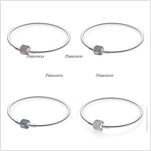 925 Sterling Silver Pave Barrel Clasp With Crystal Snake Chain Bracelet Bangle Fit Women Bead Charm Pandora Jewelry