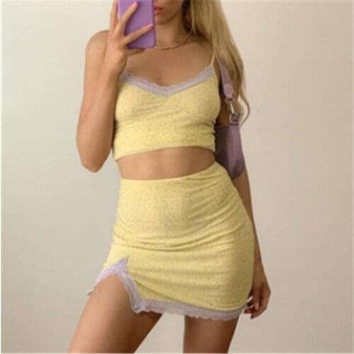 Sexy Boho Womens Camisole Crop Tops Skirt Suit Floral Lace Trim Cropped Vest Tight Split Skirt Dress Sets