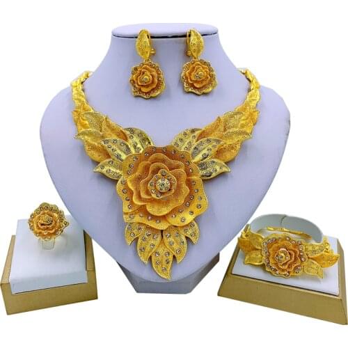 Fashion Jewelry Flower Necklace Bracelet Women Gold Earrings Indian Party Ring All-match Crystal Jewelry Girl Birthday Gift