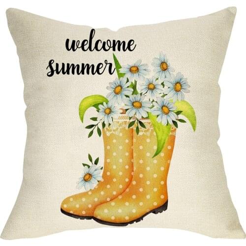 Softxpp Welcome Summer Decorative Throw Pillow Cover, Daisy Flowers Rain Boots Cushion Case, Seasonal Home Decorations Cotton