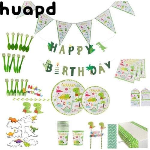 Green Dinosaur theme party tableware set disposable paper plate cup tablecloth cake topper boy happy 1st birthday party supplies