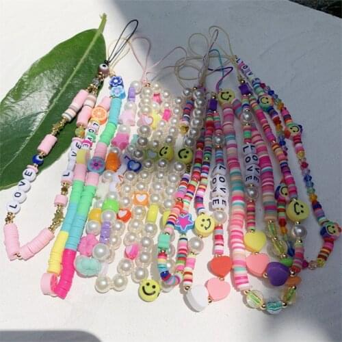 2021 New Trendy Ins Colorful Acrylic Pearl Soft Pottery Cartoon Face Fruits Anti-lost Mobile Phone Strap Cord for Women