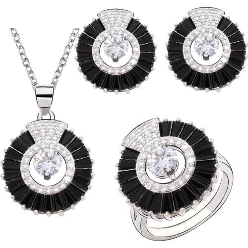 New Arrival Black White Zircon Silver Color Jewelry Sets for Women Stud Earrings Necklace Pendant Ring