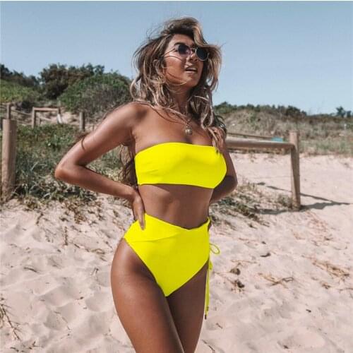 Sexy Neon Solid Yellow Micro Bikini Women Off Shoulder Bandeau Leopard Push Up Swimsuit Bathers Bathing Suit High Waist Swimwear