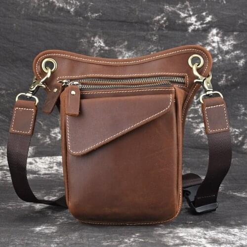 New Retro Mens Genuine Leather Waist Bag Crazy Horse Leather Crossbody Bag Multifunction Leg Bag Trendy Cow Leather Waist Bag