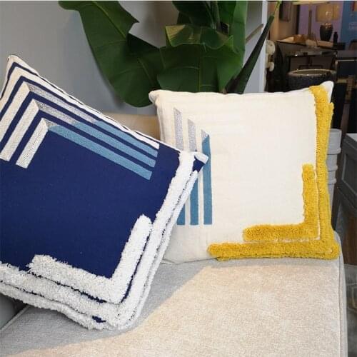 Luxury Navy Cushion Cover Yellow White Pillow Case Geometric 45x45cm Tufted Plush Handmade For Sofa Seat Home Decorative