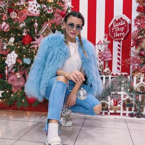 Real lamb fur jacket fashion black white women quality genuine fur coat full sleeve overcoat new chic women outwear