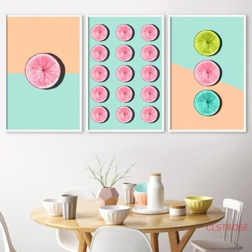 Unique Citrus Poster Grapefruit Print Pink and Blue Canvas Painting Pastel Colors Fruit Wall Art Wall Paintings Kitchen Decor
