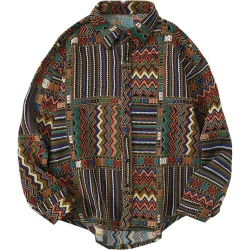 Vintage Color Block Tops Geometric Long Sleeve Shirts Harajuku Chinese National Style Streetwear Shirts Autumn Streetwerar