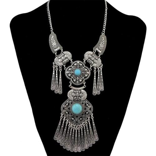 Vintage Silver-color Plated Natural greenstoneBeads Hollow Out Flower Tassel Pendant Necklace&earrings Sets Ethnic Indian Jewelr