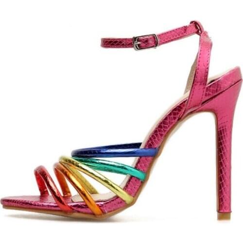 2019 New Summer Stiletto High Heels Sandals Mixed Color Sexy Open Toe Woman Casual Buckle Sandals Lady Party Dress Shoes