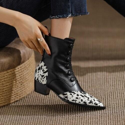 Women Elegant Ankle Boots Thick High Heel Shoes Zipper Pointed Toe Ladies Footwear Short Boots New Real Horsehair Western Boots