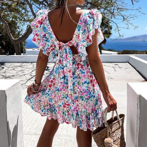 Dresses for Women 2021 Summer Butterfly Sleeve Floral Print Dress Ruffle Square Collar Back Laceup Beach Boho A Line Party Dress
