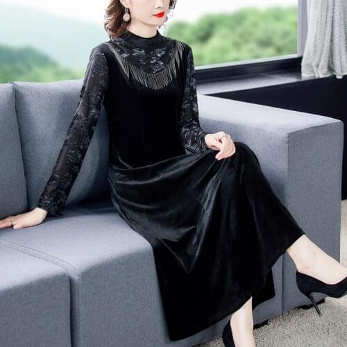 2021 Spring Fall Women Tassel Dobby Velvet Floral Black Long Dress , Woman Clothing Slim 4xl 5xl Elegant Velour Dresses