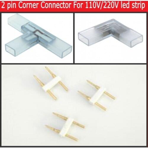 2 pin L T shape Corner connector middle plug With Copper needle for 110V 220V LED Strip 5050 3014 2835 single color