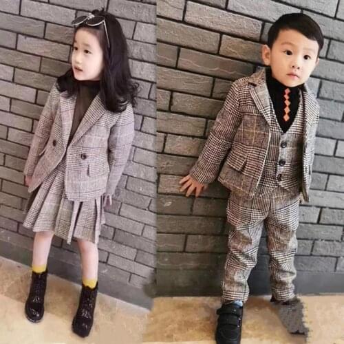 2020 girl boy fashion clothing set thickening warm plaid suit kids sister brother winter elegant clothes sets