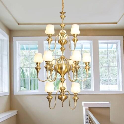 American Staircase Long Copper Chandelier Three-layer led Glass Hanging lamps Villa Duplex Building High Chandelier Lighting