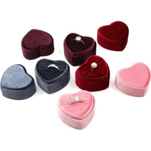 Heart-Shaped Velvet Ring Storage Box Single Double Ring Display Holder Boxes for Wedding Ceremony Ring Case