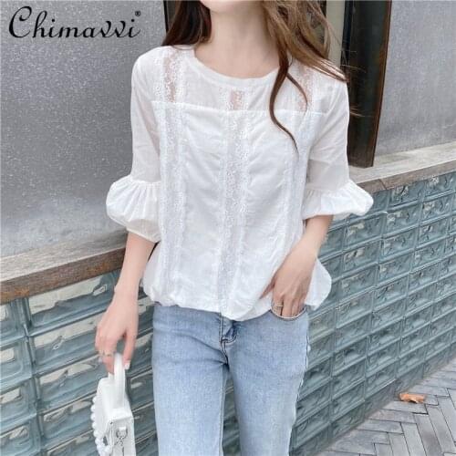 Girl Lantern Sleeve Lace Large Size Shirt Womens Half Sleeve Chiffon Casual White Blouses and Shirt Female Versatile T Shirt