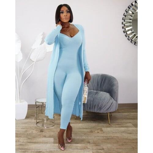 Felyn 2021 Best Quality Famous Brand 2 pcs Women Set Solid X-long Outwear and Spaghetti Strap Jumpsuits Casual Outfits