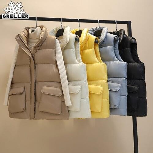 GRELLER 2021 Women Vests Warm Sleeveless Parkas Waistcoats Women Winter Stand Collar Vest Jacket Female Short Cotton Outerwear