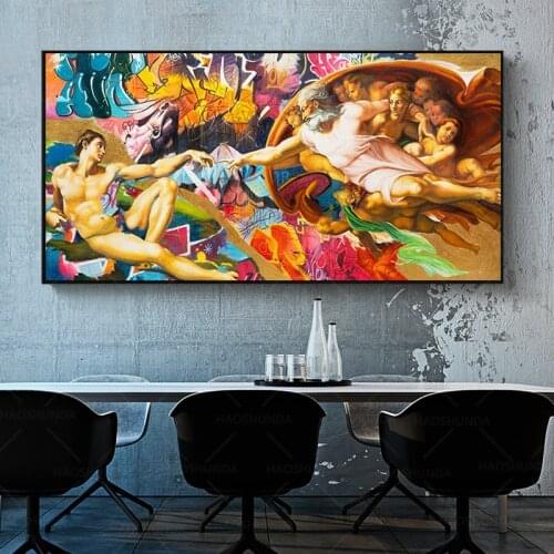 Creation of Adam Graffiti Art Canvas Painting Posters and Prints Hand To Hand Street Wall Art Pictures Cuadros for Living Room