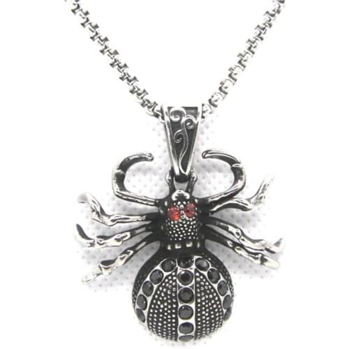 Spider Pendant 316L Stainless Steel Gothic Biker Punk Crystal Necklace 65cm Chain